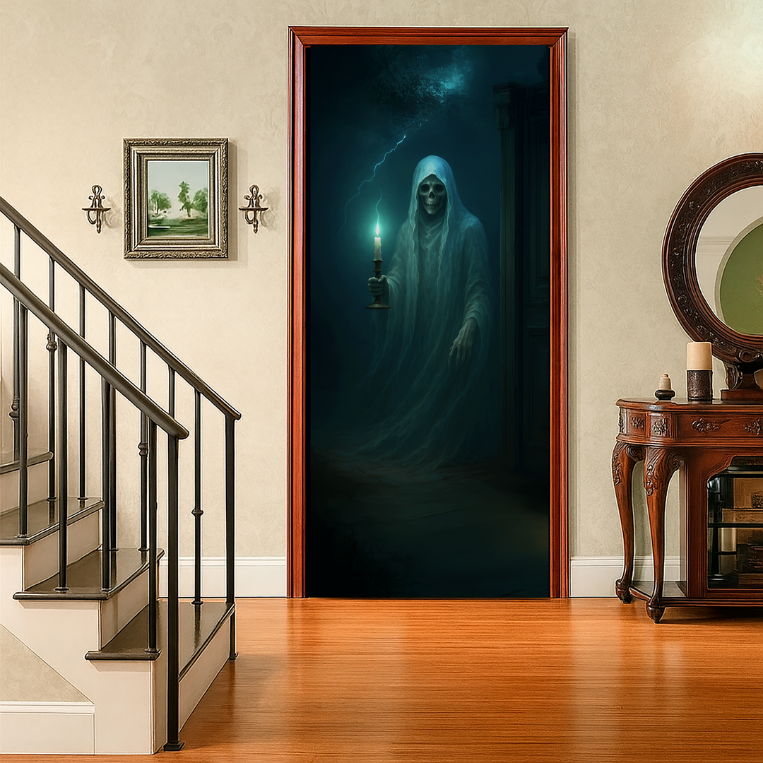 Funda puerta fantasma de Halloween puesta en una puerta interior junto a la escalera