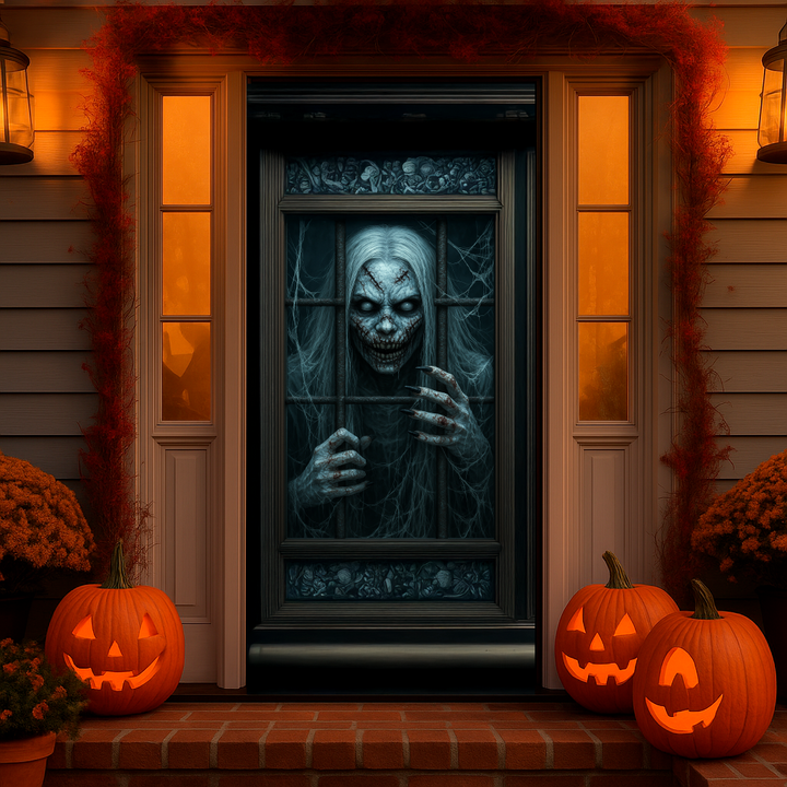 Funda puerta vieja de Halloween puesta en la puerta de entrada de una casa decorada con calabazas