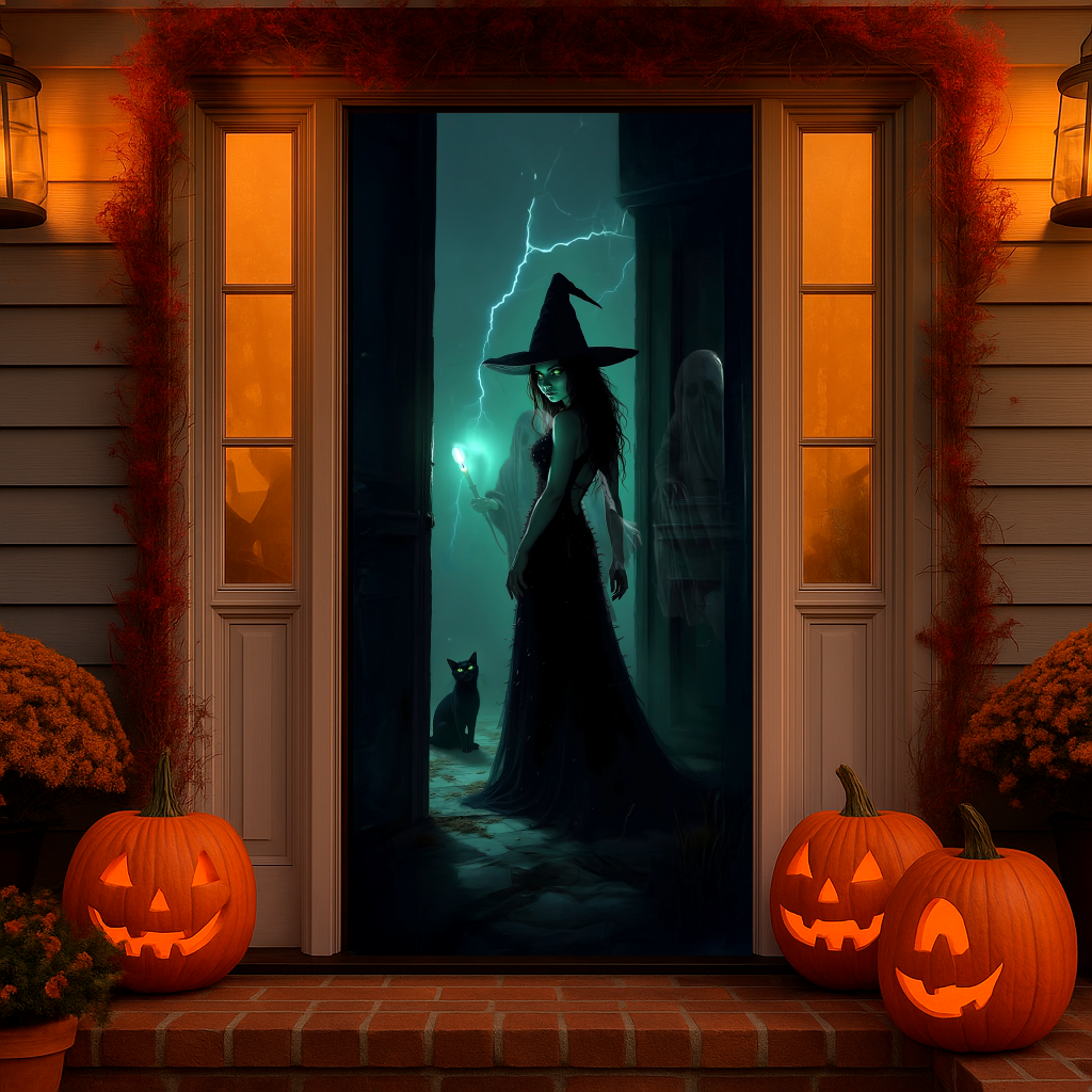 Funda puerta bruja de Halloween puesta en la puerta de entrada de una casa decorada con calabazas