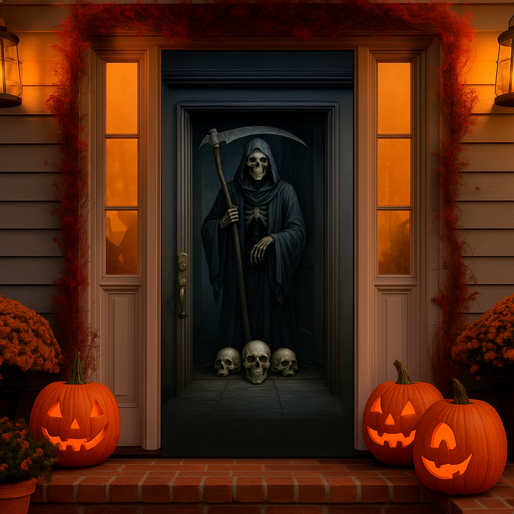 Funda puerta muerte de Halloween puesta en la puerta de entrada de una casa decorada con calabazas