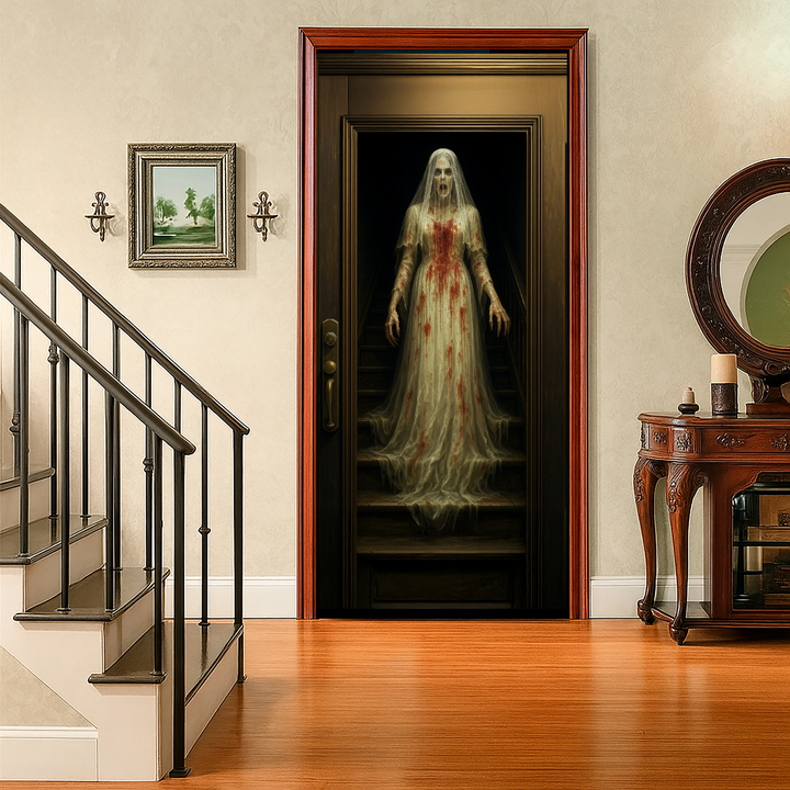 Funda puerta novia de Halloween puesta en una puerta interior junto a la escalera