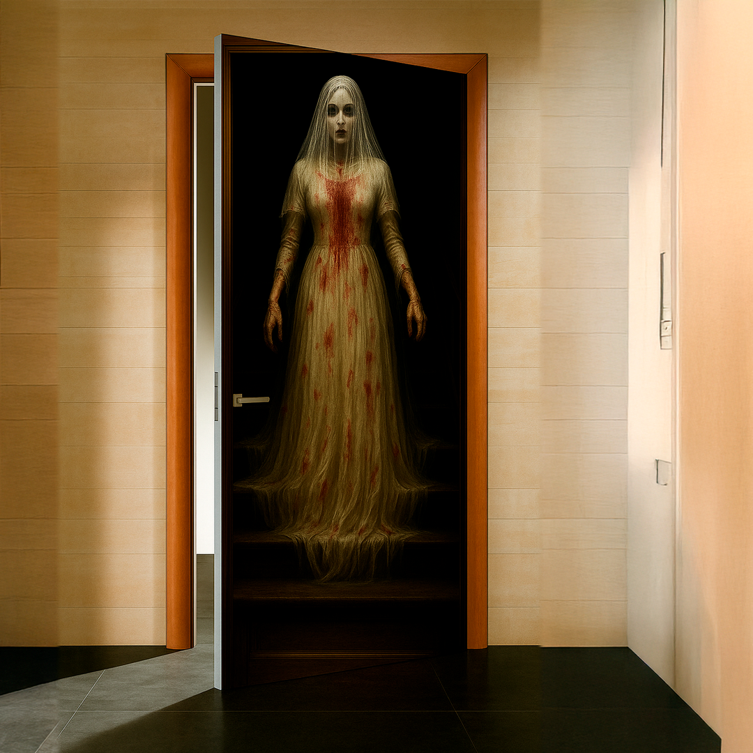 Funda puerta novia de Halloween en una puerta de habitación entreabierta