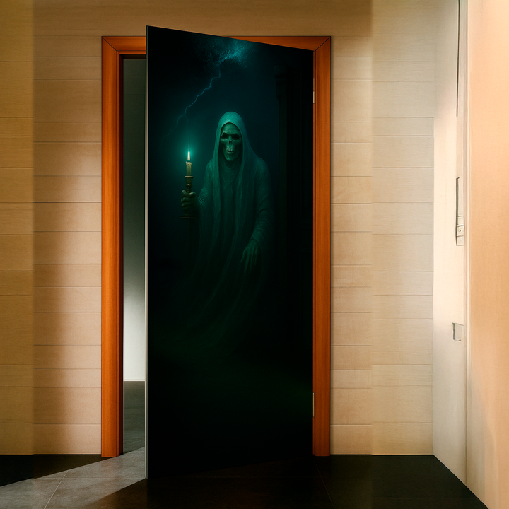 Funda puerta fantasma de Halloween en una puerta de habitación entreabierta
