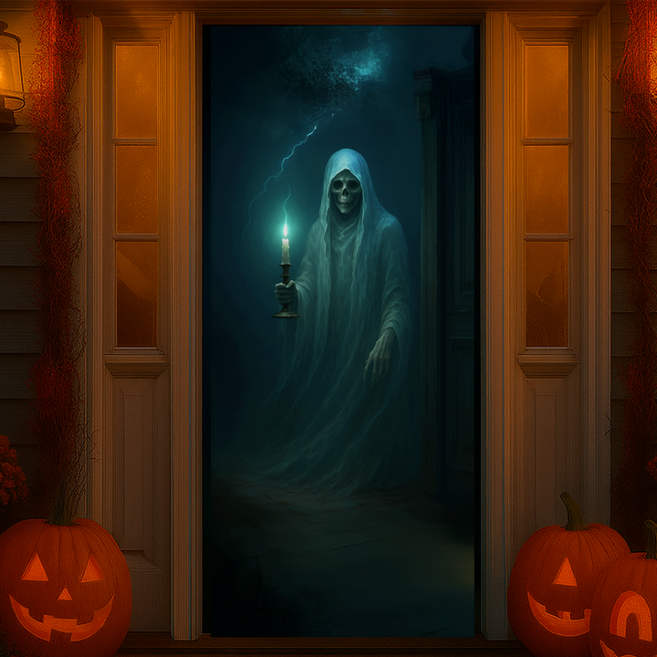 Funda puerta fantasma de Halloween puesta en la puerta de entrada de una casa decorada con calabazas