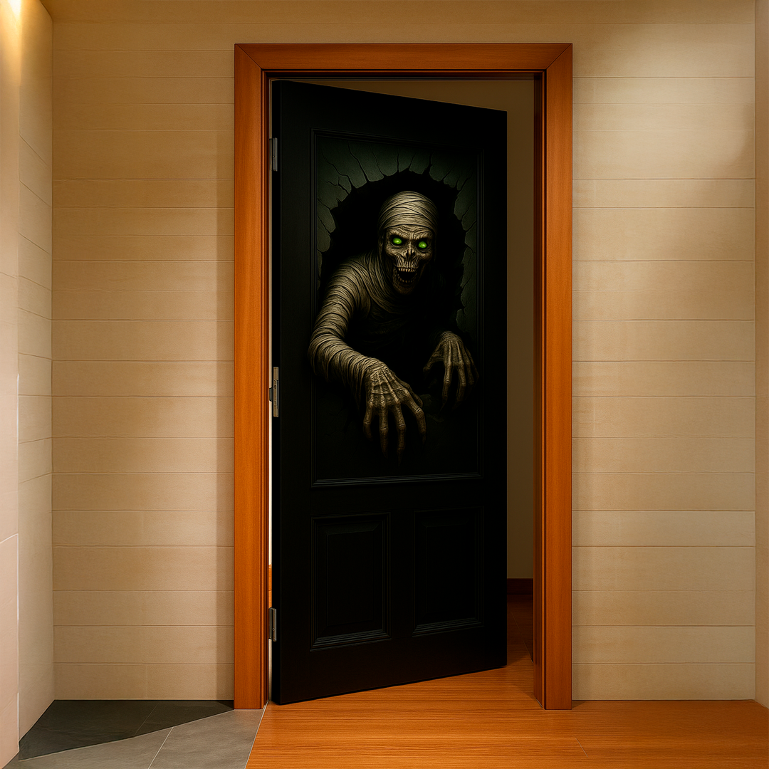 Funda puerta momia de Halloween en una puerta de habitación entreabierta
