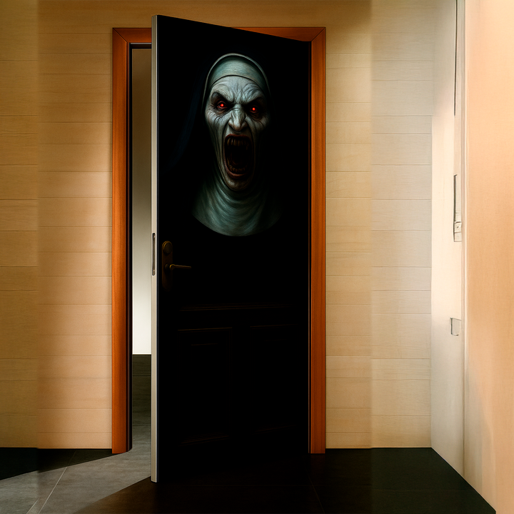 Funda puerta monja de Halloween en una puerta de habitación entreabierta