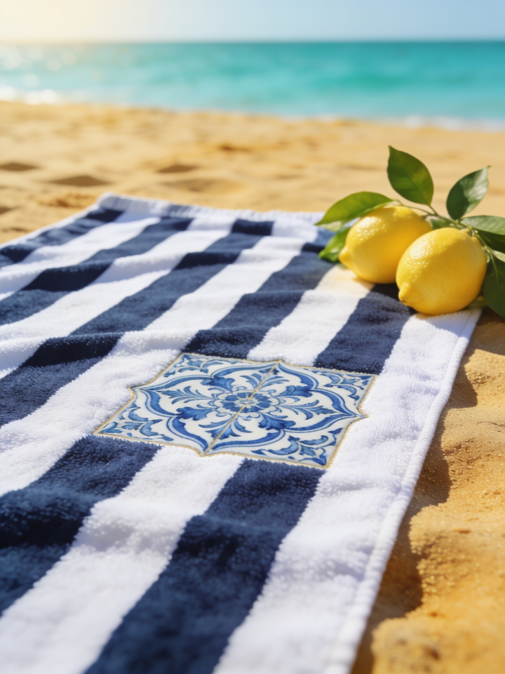 Toalla de playa Mediterránea rayas y azulejo 150x100 cm