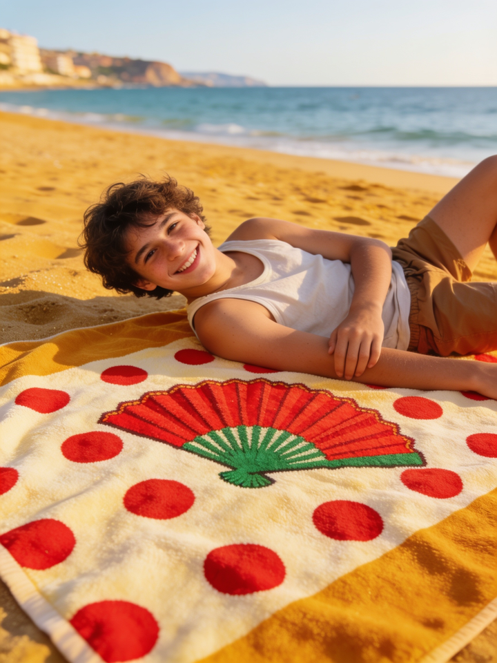 Disfrutando de la toalla de playa Feria personalizada
