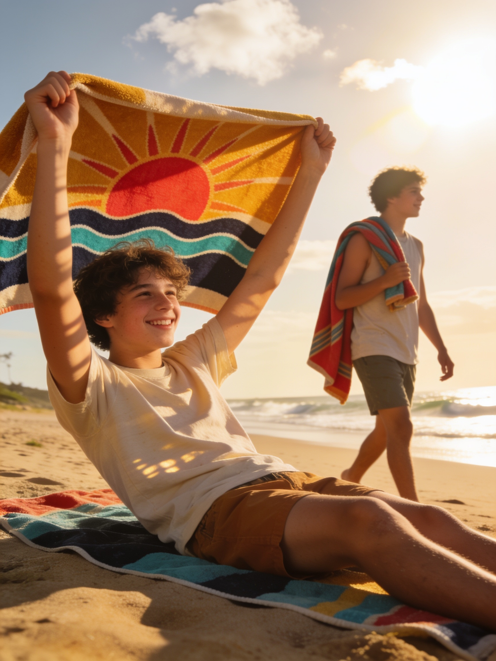 Persona en la playa con la toalla Retro Surf 70s