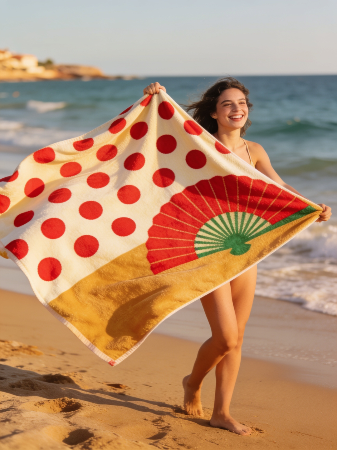 Mujer mostrando la toalla de playa Feria personalizada