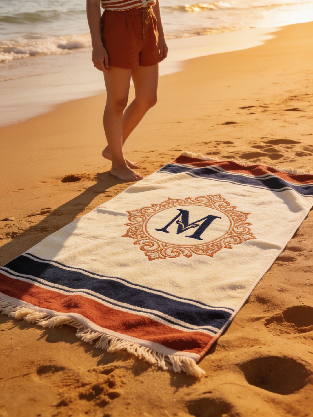 Persona junto a la toalla personalizada con nombre en la playa
