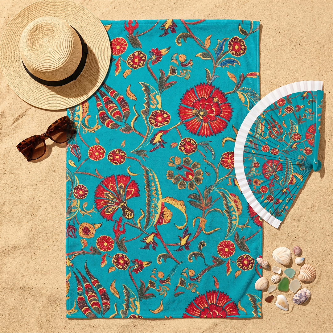 Flat lay toalla turquesa con abanico a juego, sombrero y gafas