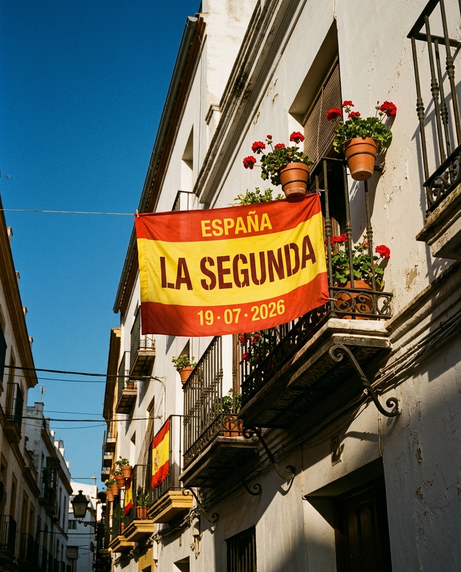 Bandera España LA SEGUNDA colgada en un balcón de Sevilla