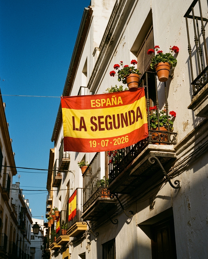 Bandera LA SEGUNDA colgada en un balcón sevillano
