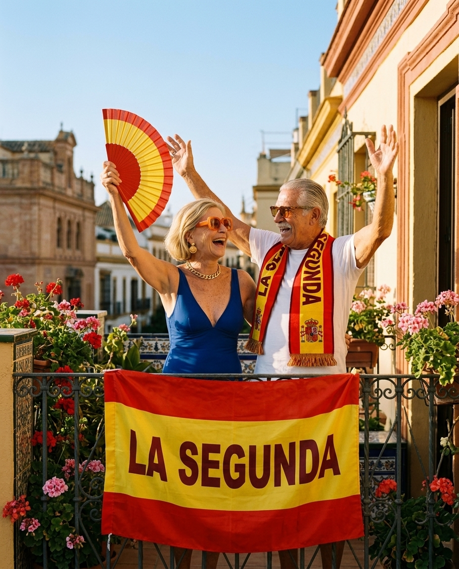 Colección LA SEGUNDA celebrando la final en un balcón de Sevilla