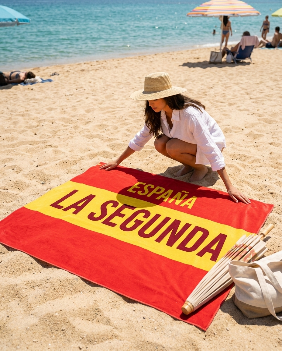 Toalla LA SEGUNDA extendida en la playa, formato XXL