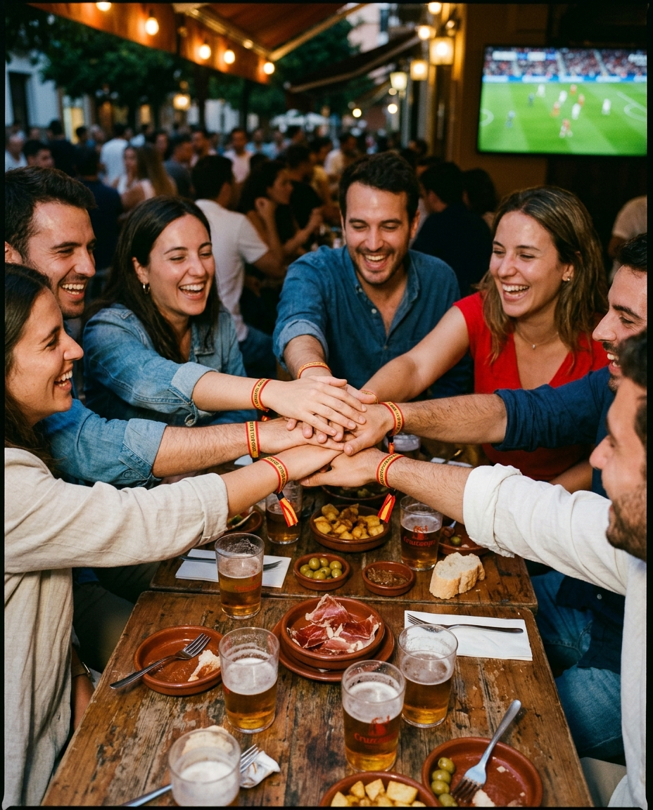 Amigos celebrando la final en una terraza de Sevilla