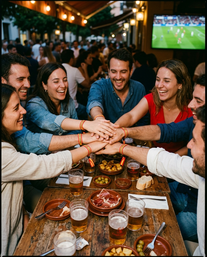 Amigos celebrando la final en una terraza de Sevilla