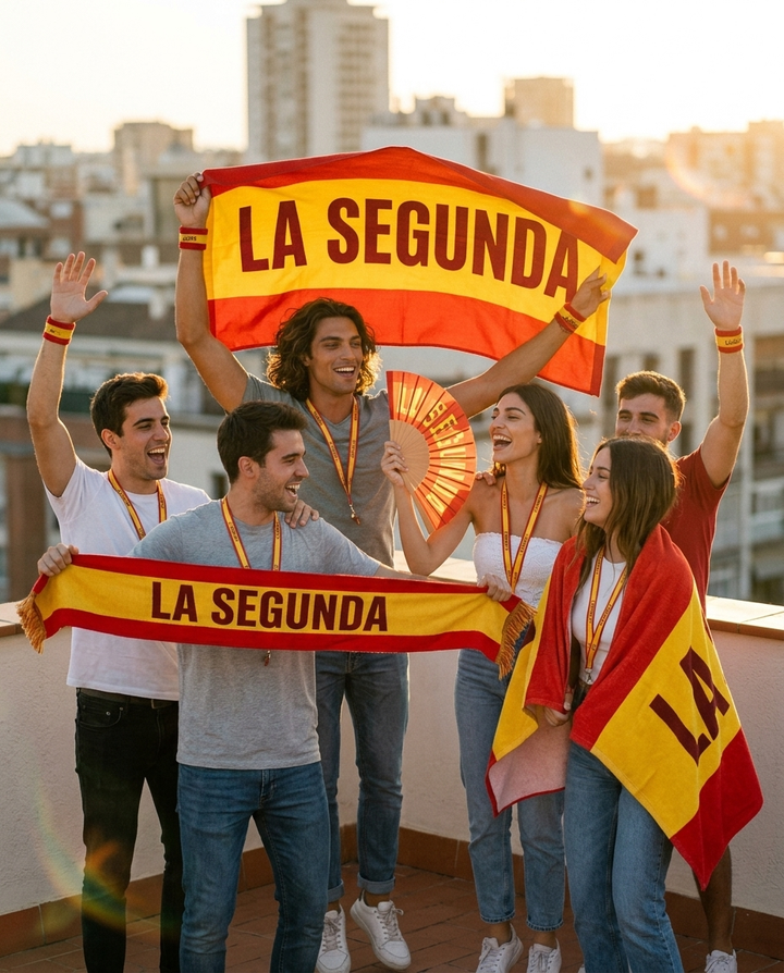 Grupo de jóvenes celebrando en una azotea con toda la colección LA SEGUNDA
