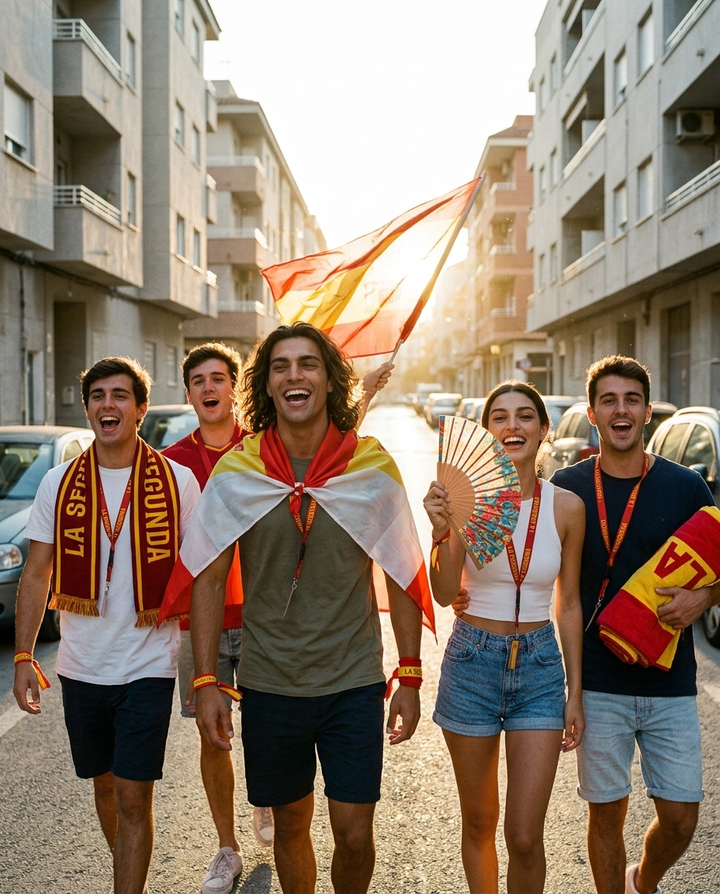 Amigos por la calle con la bandera, la bufanda y el abanico LA SEGUNDA