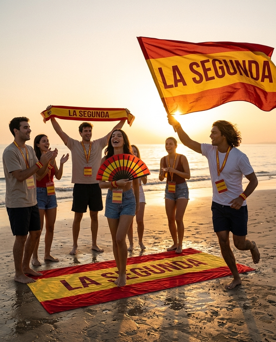 Amigos en la playa con la toalla, la bandera y el abanico LA SEGUNDA
