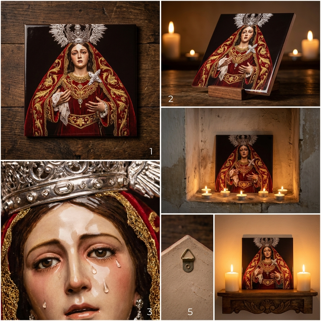 Azulejo devocional Virgen cerámica sevillana - plano cenital