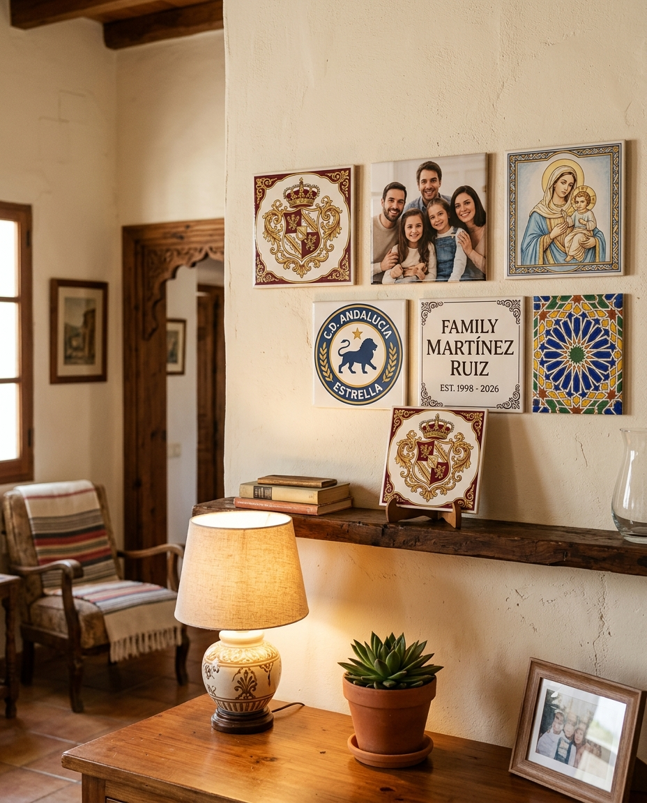 Composicion de azulejos conmemorativos personalizados en interior con soporte