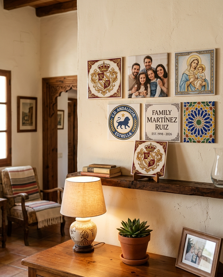 Composicion de azulejos conmemorativos personalizados en interior con soporte