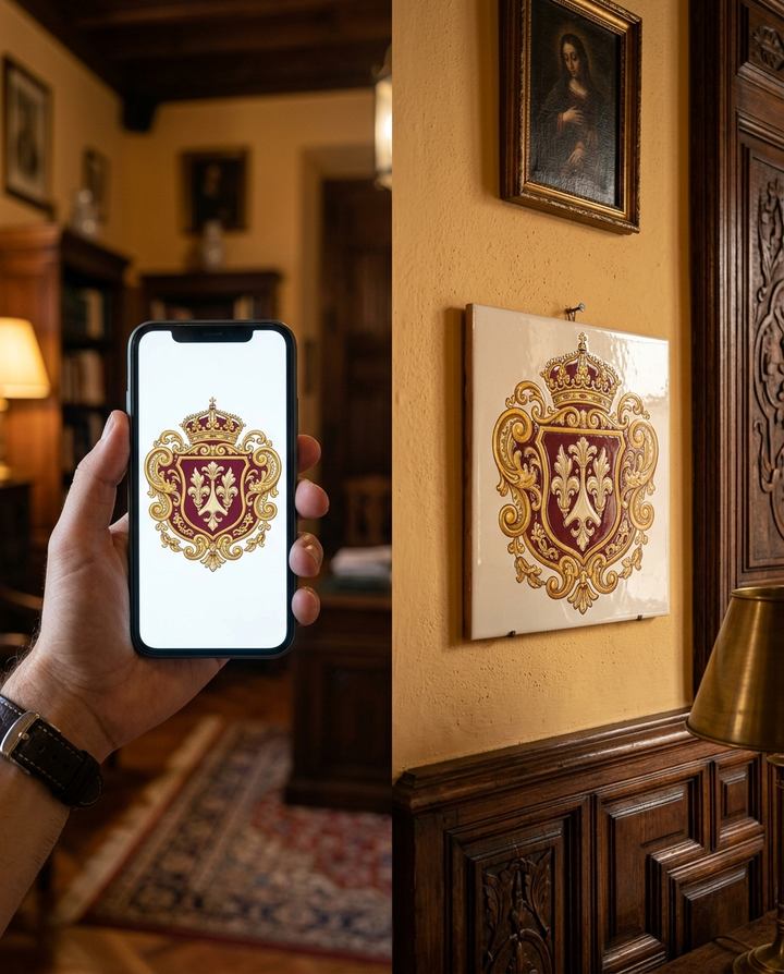 De tu diseño al azulejo: imagen en el movil y azulejo terminado colgado en interior