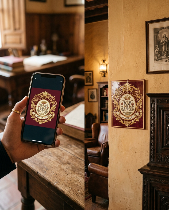 De tu diseno al azulejo: imagen en el movil y azulejo terminado colgado en interior