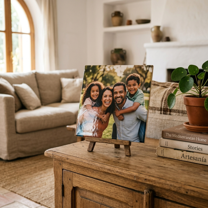 Azulejo personalizado con foto de familia sobre aparador en salón — cerámica decorativa para interior