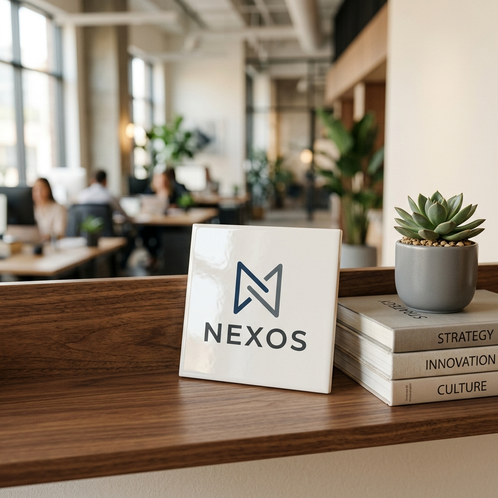 Azulejo personalizado con logo de empresa en estantería de despacho — placa cerámica para oficina
