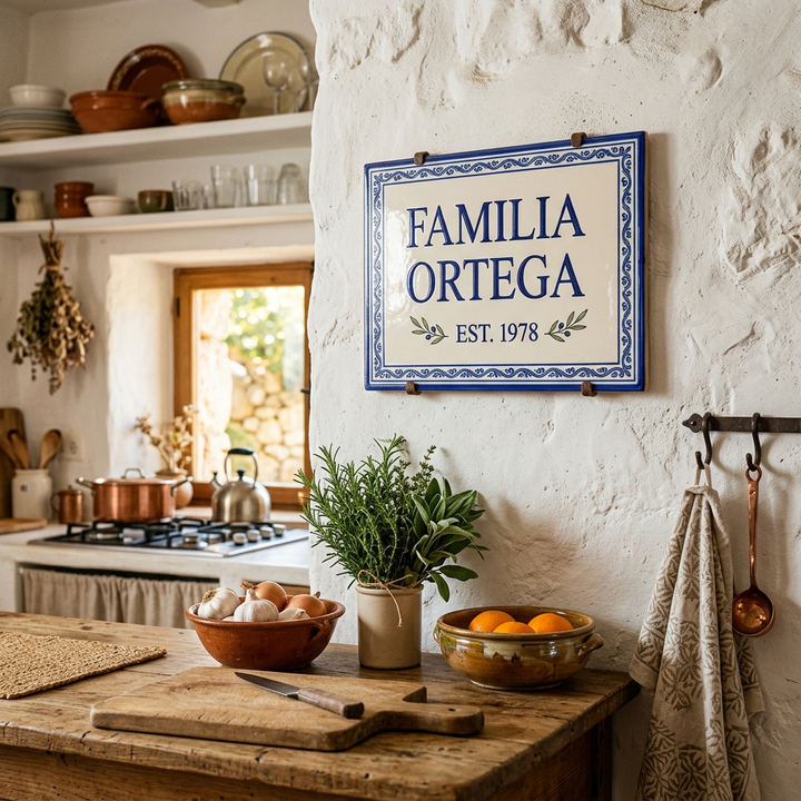 Azulejo personalizado con apellido y año colgado en pared de cocina — placa de casa de interior