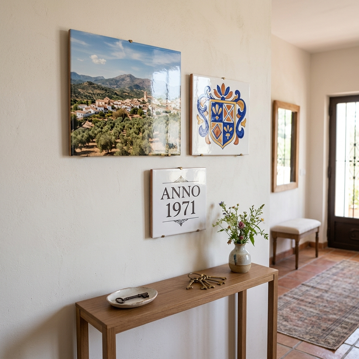Composición de tres azulejos personalizados de distintos tamaños en pared de recibidor
