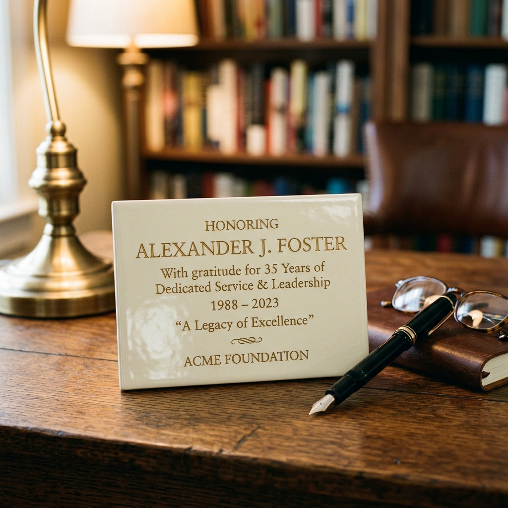 Placa conmemorativa de cerámica personalizada con nombre y fecha sobre escritorio — regalo de jubilación