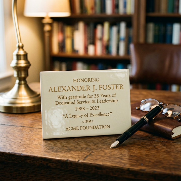 Placa conmemorativa de cerámica personalizada con nombre y fecha sobre escritorio — regalo de jubilación
