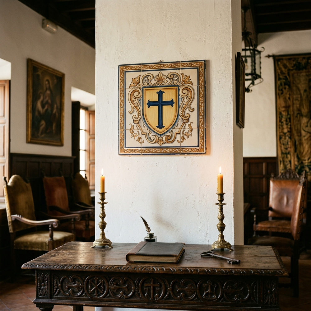 Azulejo con escudo de hermandad en la pared de una sede — cerámica personalizada para interior