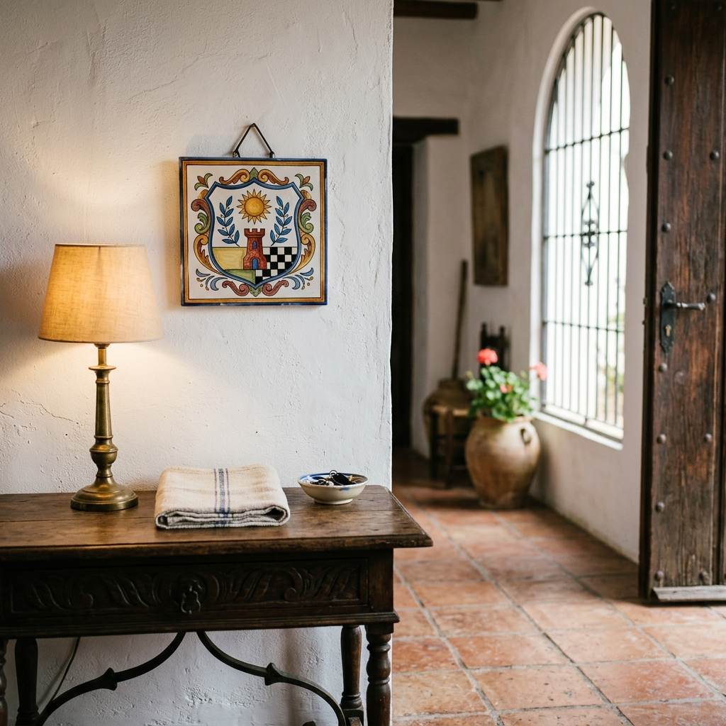 Azulejo devocional con escudo colgado en el recibidor de una casa andaluza