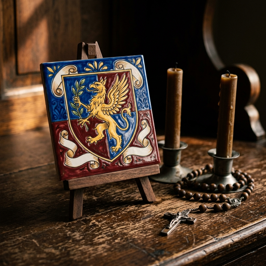 Azulejo con escudo sobre soporte de madera junto a velas y rosario — detalle devocional
