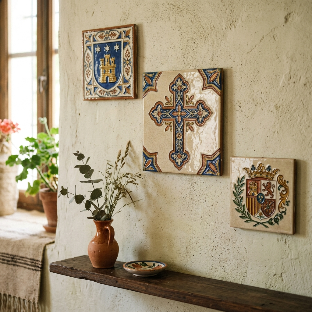 Composición de tres azulejos devocionales personalizados de distintos tamaños en pared